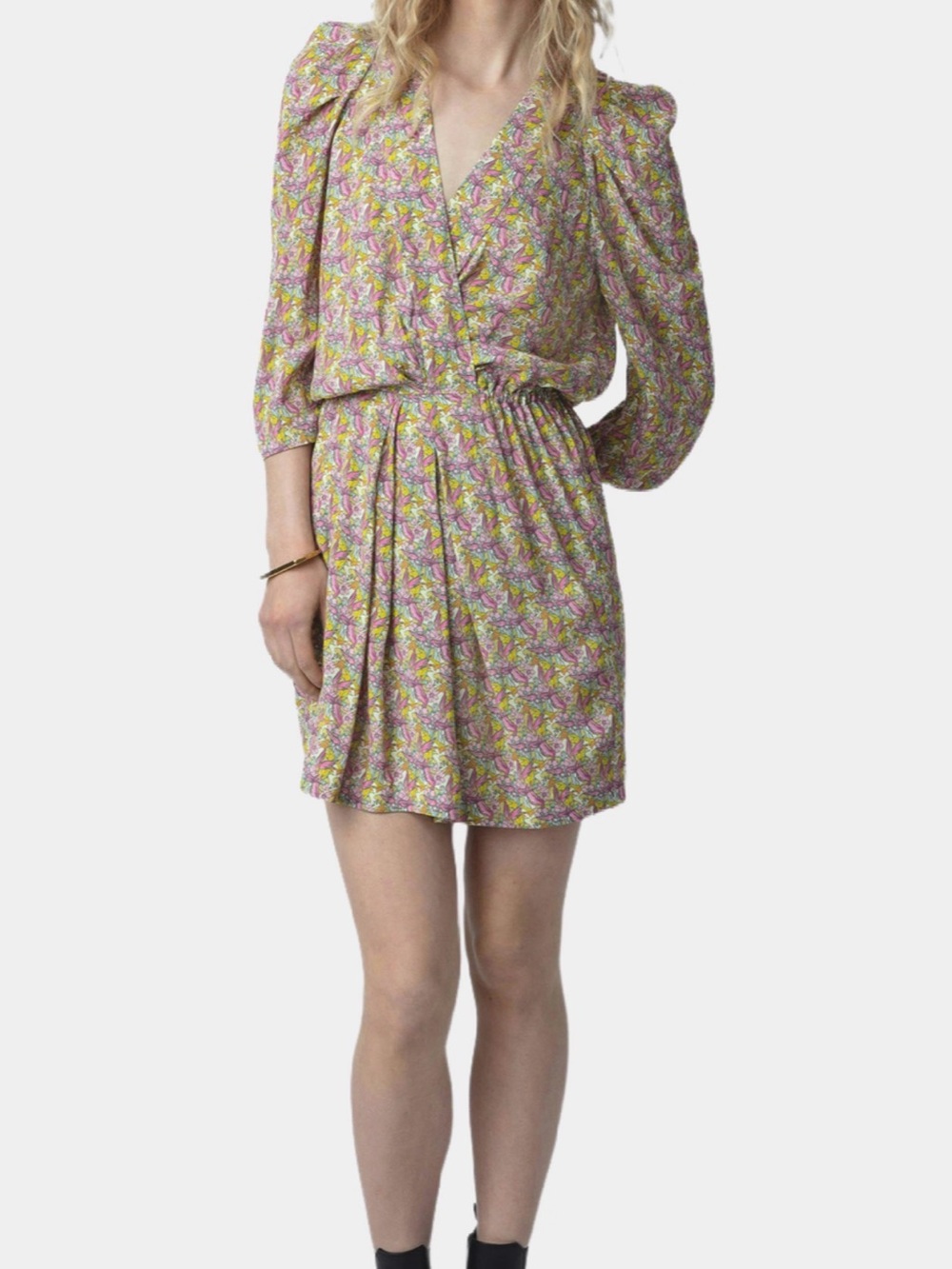 Zadig & Voltaire Pink Floral V-Neck Puff Sleeve Mini Dress